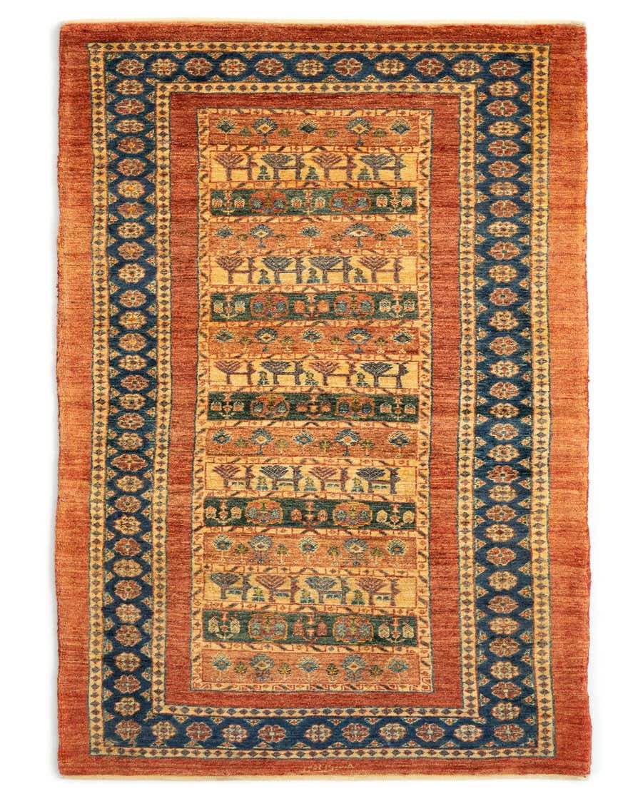 A handmade 7 ft runner rug with a rich orange border and a central field of gold, blue, and green Persian patterns.