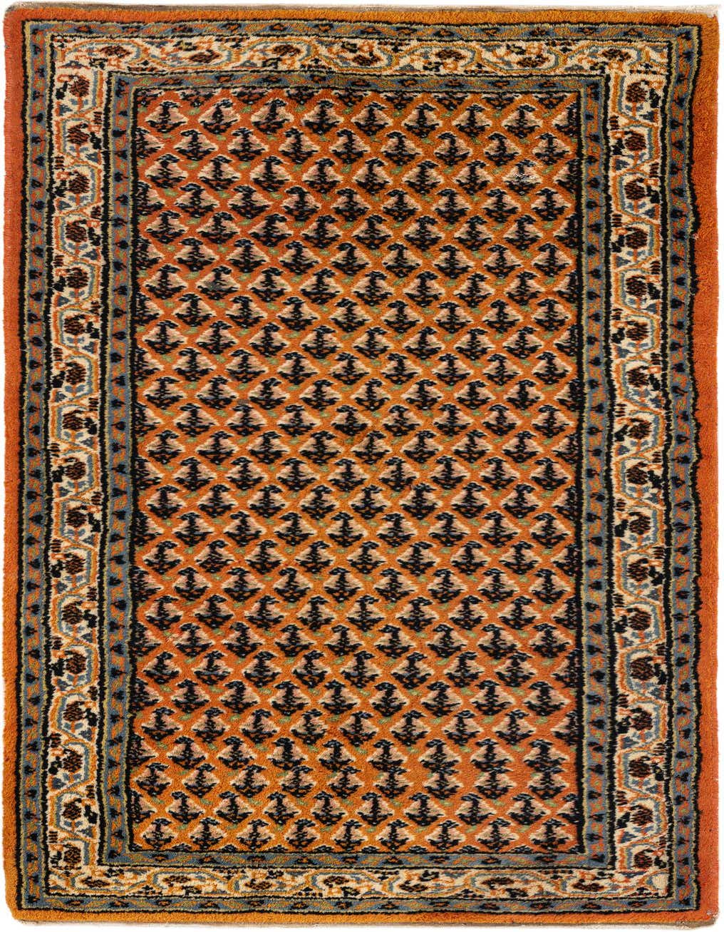 A 5 ft runner rug from the Mir collection, featuring a traditional Oriental pattern in shades of orange, blue, and cream, ideal for a hallway.