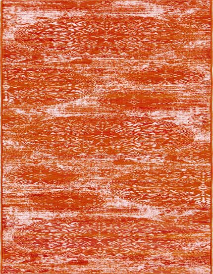 A 16 ft orange runner rug with a distressed traditional floral pattern in white, ideal for a hallway.