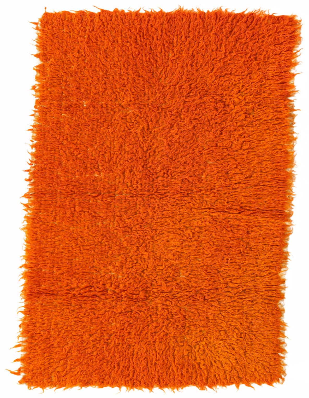 A vibrant orange 4 ft runner rug with a plush shag pile, handmade from wool, perfect for a hallway.