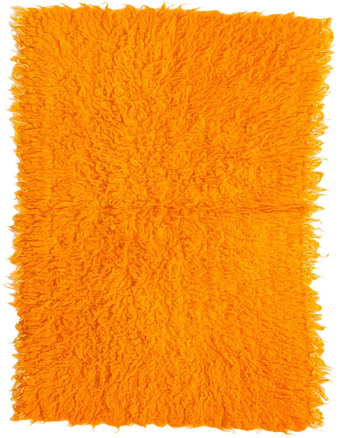 A vibrant orange 4 ft runner rug with a thick, shaggy wool pile and a tribal, modern style.