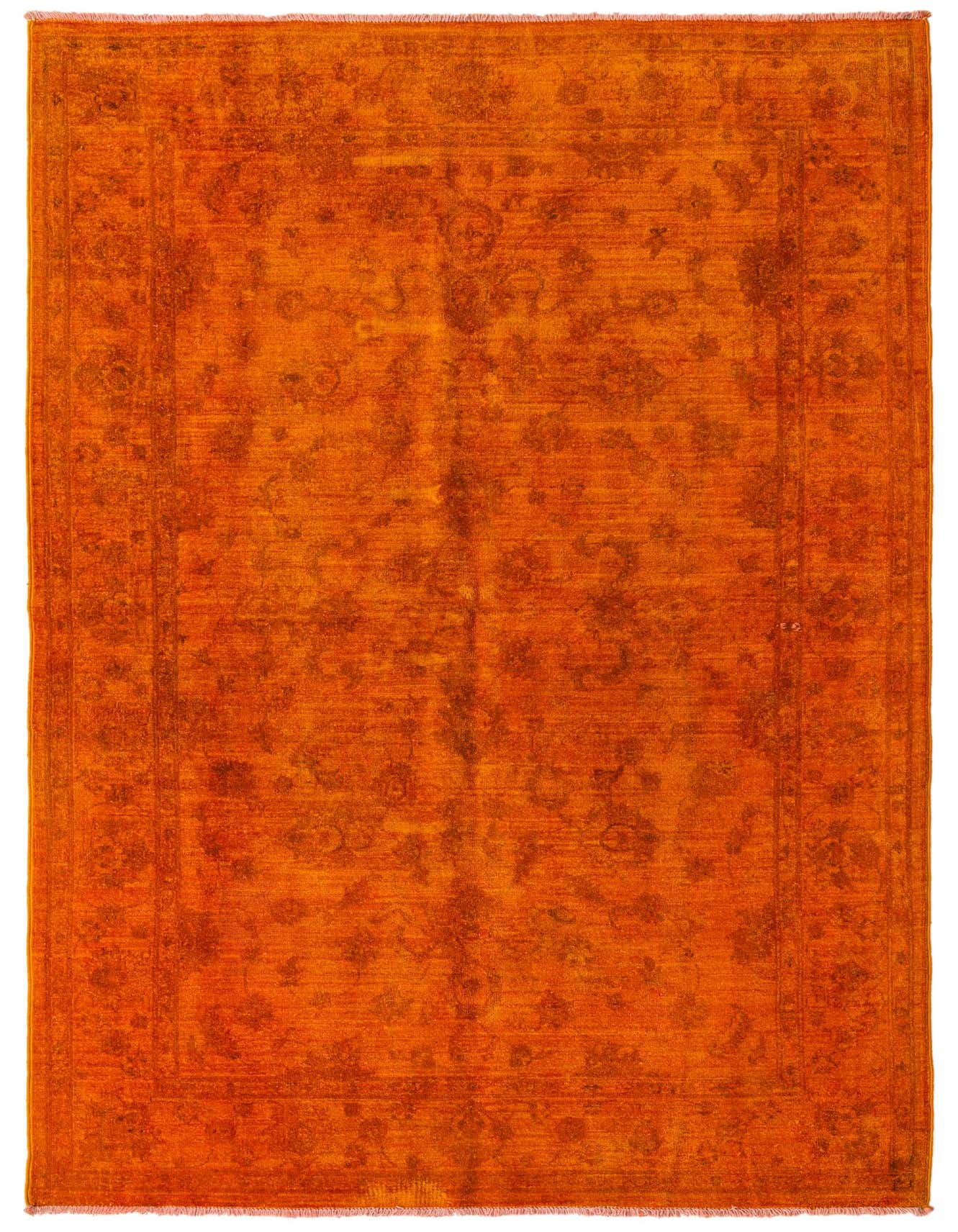 An 8 ft orange vintage runner rug with subtle oriental patterns, handmade from wool, ideal for a kitchen or hallway.