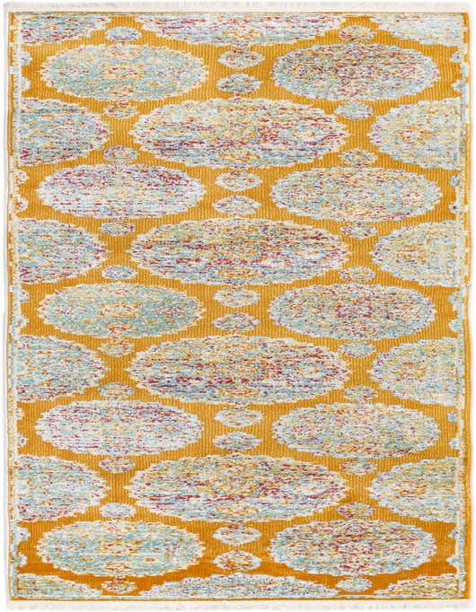 A vibrant 8 ft runner rug with a mustard orange background and large, distressed floral medallions in light blue, red, and yellow.