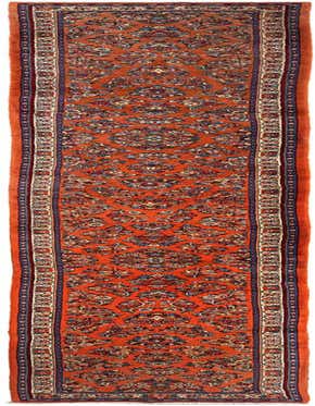 A long 20 ft orange Persian runner rug with intricate floral and medallion patterns in blue, cream, and red, ideal for a hallway.