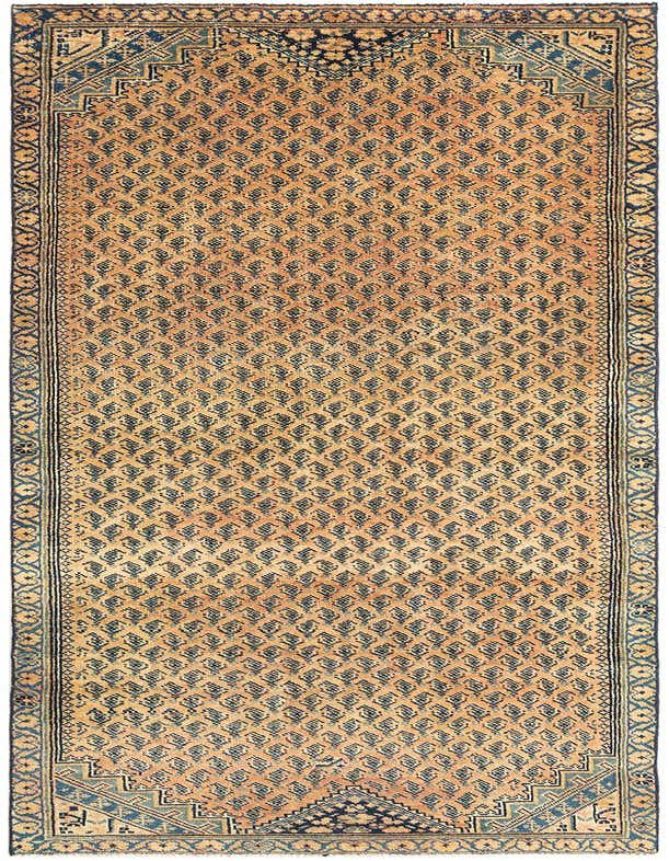 A 10 ft Serabend runner rug in traditional orange and navy blue, featuring a repeating boteh pattern and intricate border, ideal for a hallway.