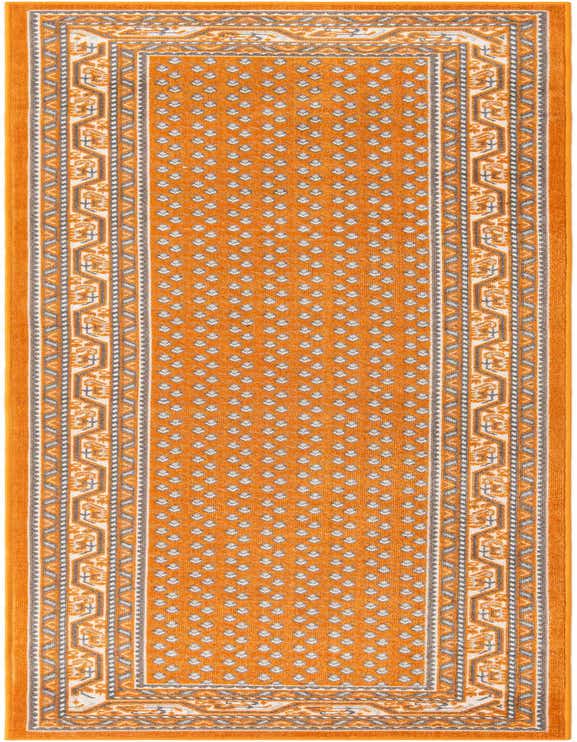 A 10 ft orange runner rug with a Southwestern pattern, featuring a repeating white and gray border and small white floral motifs on an orange field.