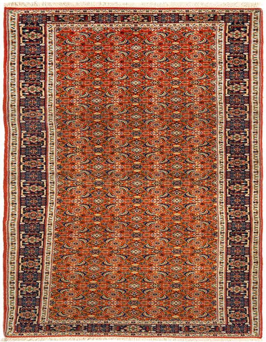 A 10 ft runner rug in traditional Persian style, featuring a vibrant orange field with intricate floral and medallion patterns, bordered by navy and cream accents.