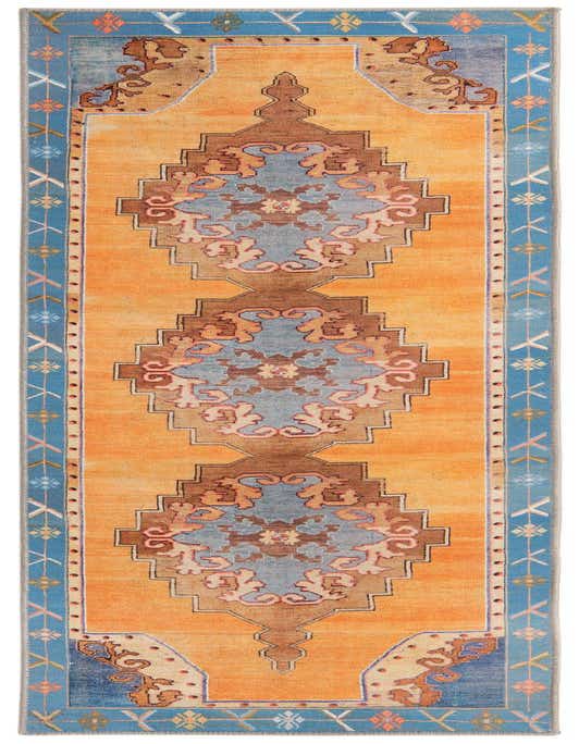 An 8 ft orange vintage runner rug with a central medallion design and blue border, ideal for hallways.