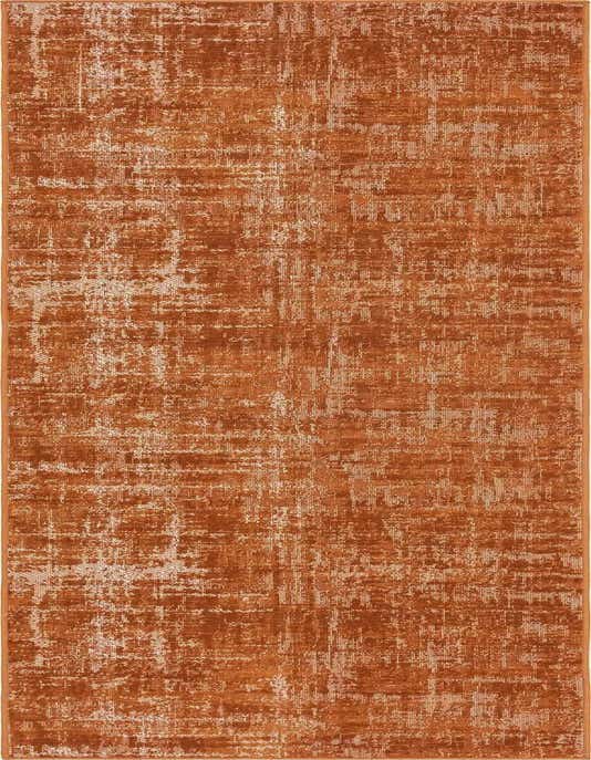 A 10 ft orange runner rug with a distressed, abstract pattern in shades of rust and cream, perfect for a hallway.