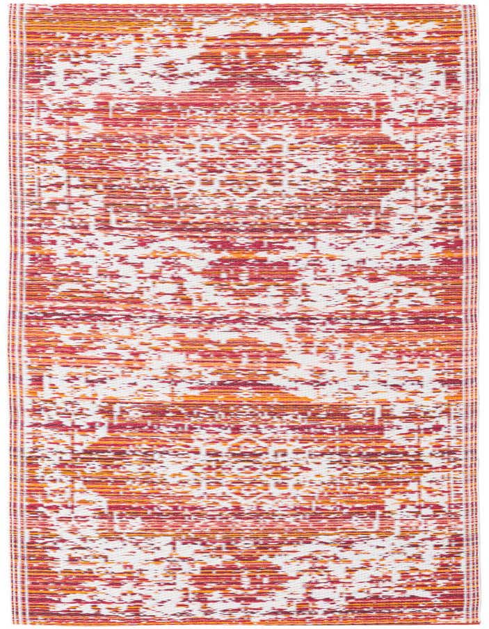 A 6 ft runner rug with a vibrant orange, red, and white abstract medallion pattern, suitable for indoor or outdoor use.