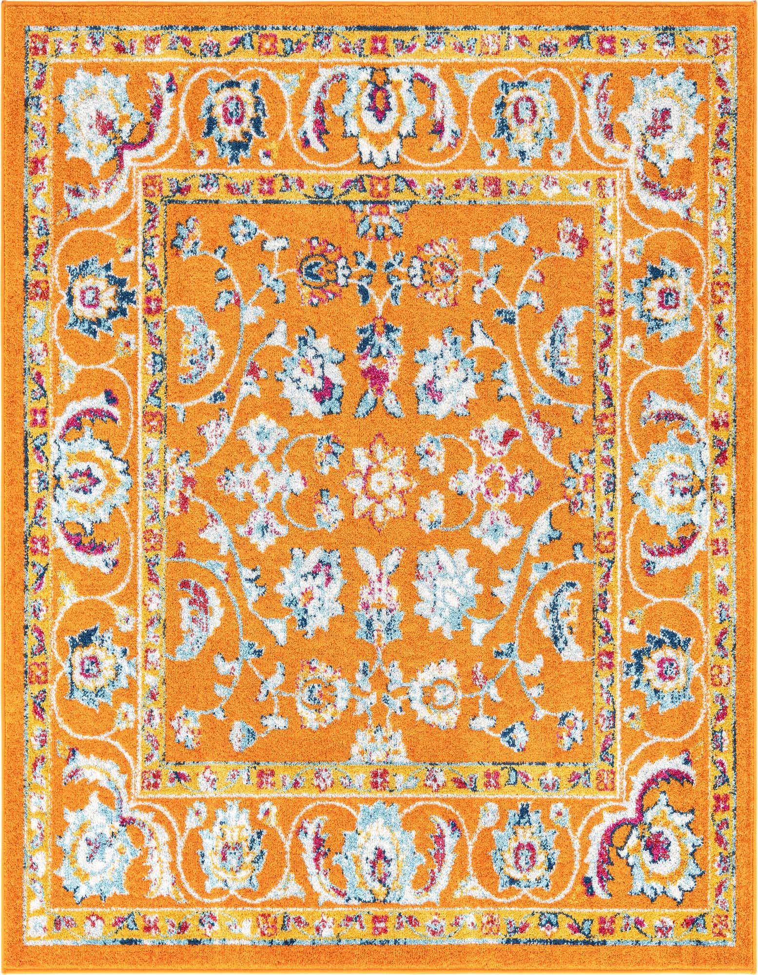 A 6'x6' square orange rug with a traditional botanical pattern in light blue, white, and fuchsia, featuring a detailed border.
