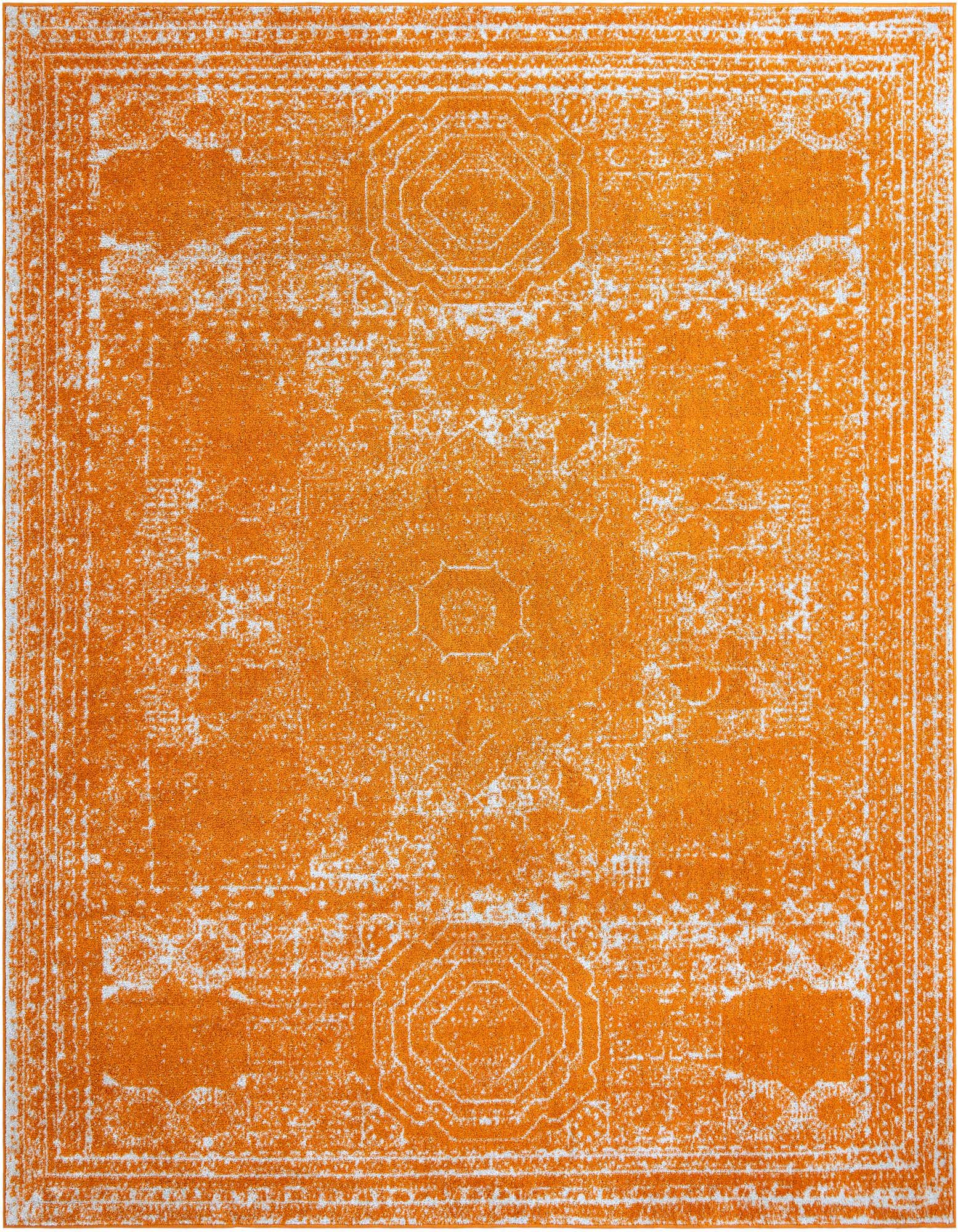 A 10'x10' square orange and white distressed area rug with a faded traditional pattern, suitable for indoor use.