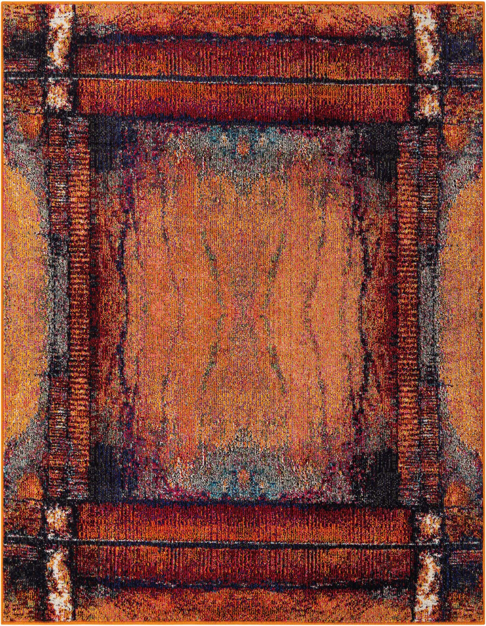 A 7' 10 x 7' 10 square modern abstract rug featuring a vibrant blend of oranges, reds, and subtle blues, with a distressed, painterly effect.
