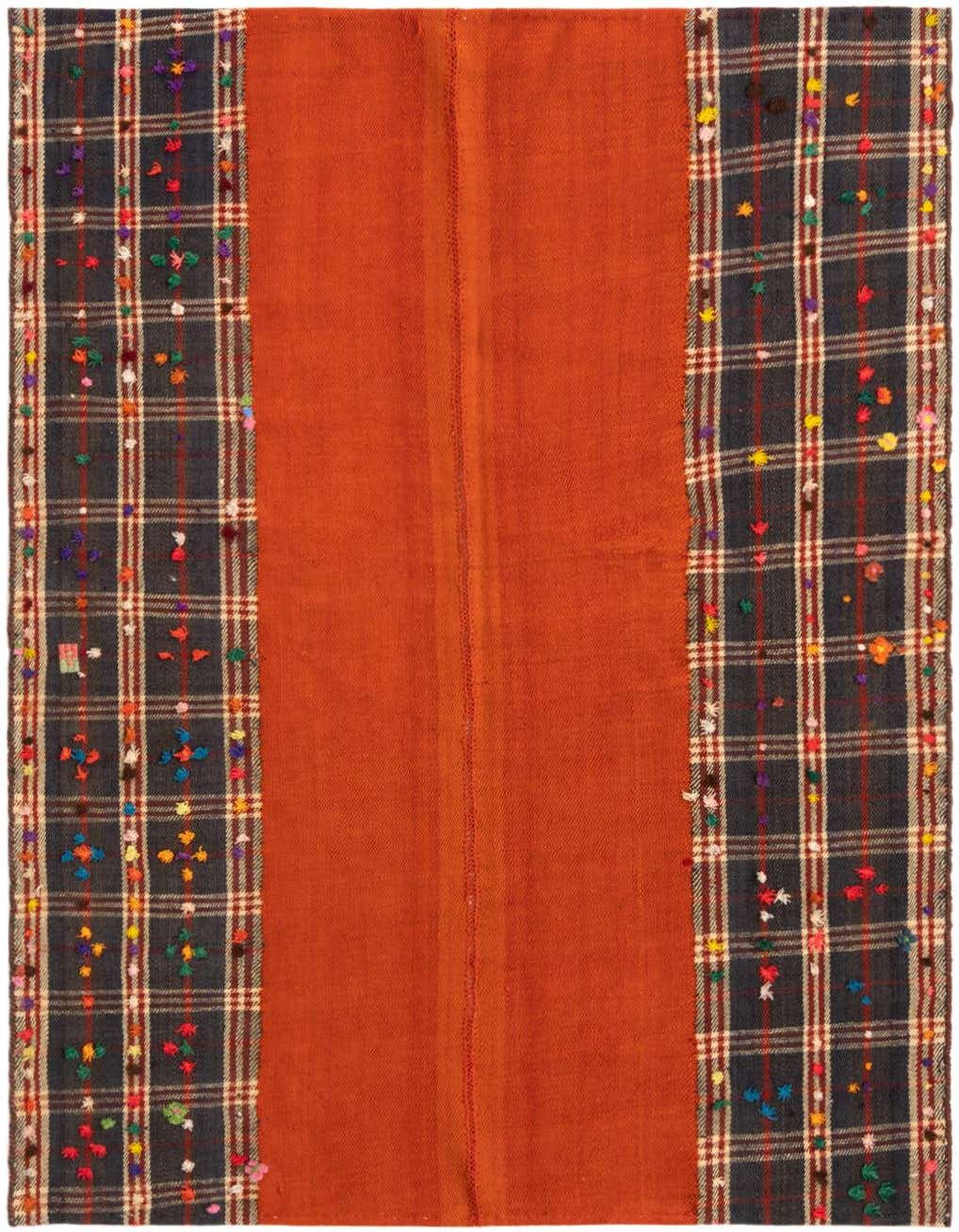 A 4' 1 x 5' 5 square Jajim rug featuring a solid orange center panel flanked by dark plaid borders with colorful embroidered details.