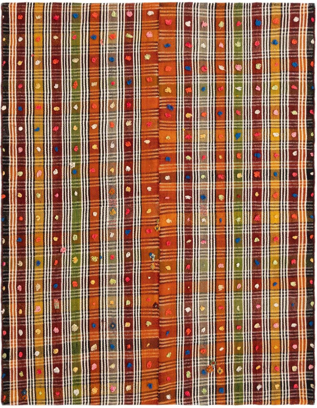 A square 5'2" x 5'9" Jajim Persian wool rug with vertical stripes in shades of orange, green, brown, and yellow, accented with colorful pom-pom-like dots.