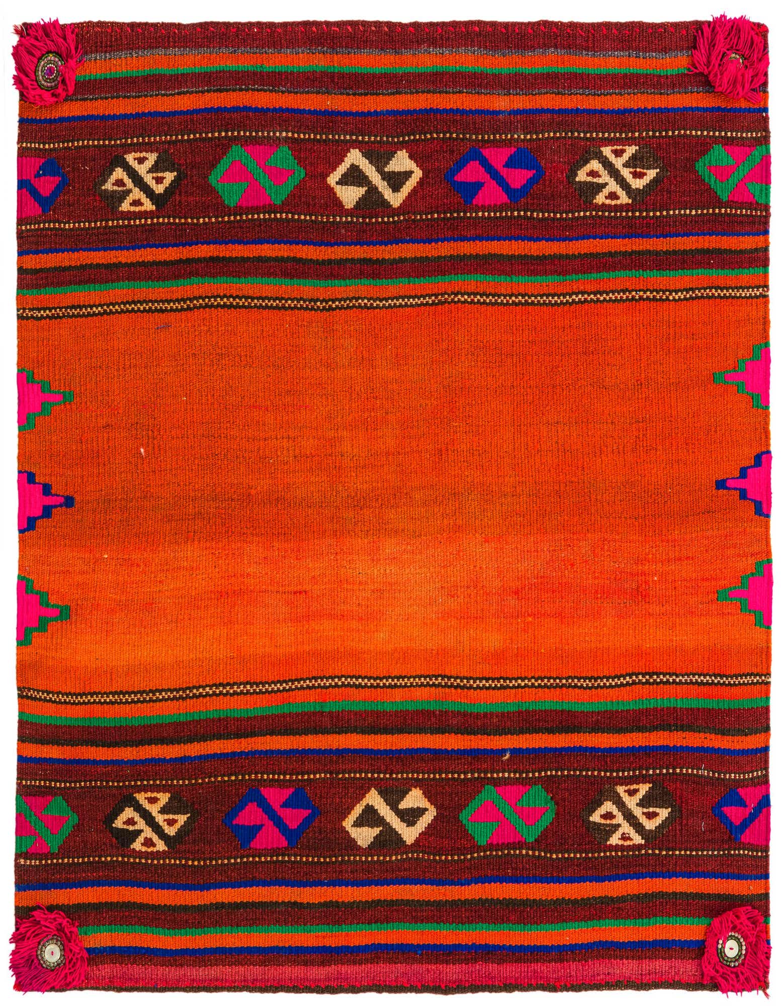 A square, flatweave Kilim Fars rug in vibrant orange with tribal patterns and decorative tassels.
