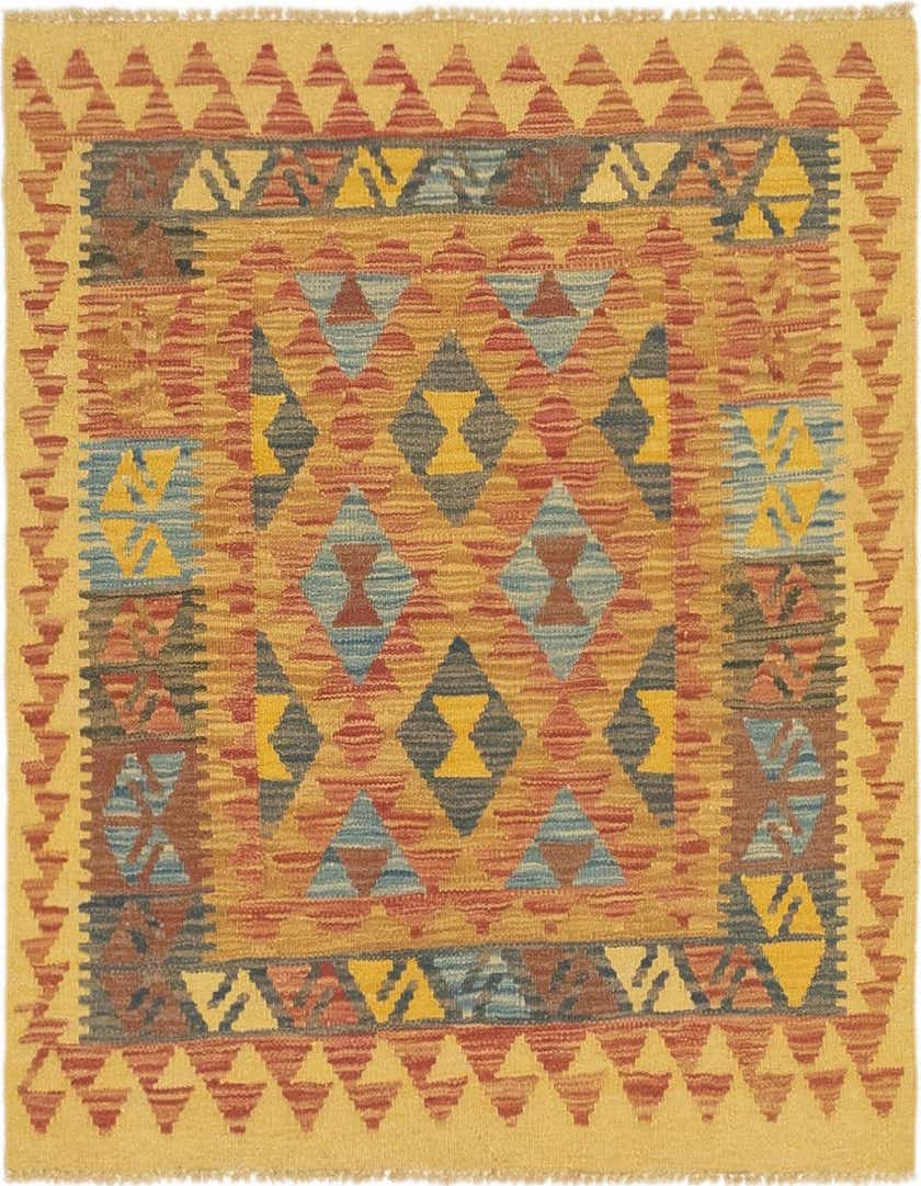 A 3' 2 x 3' 3 square Kilim Maymana rug featuring a Southwestern tribal pattern in oranges, blues, and yellows.