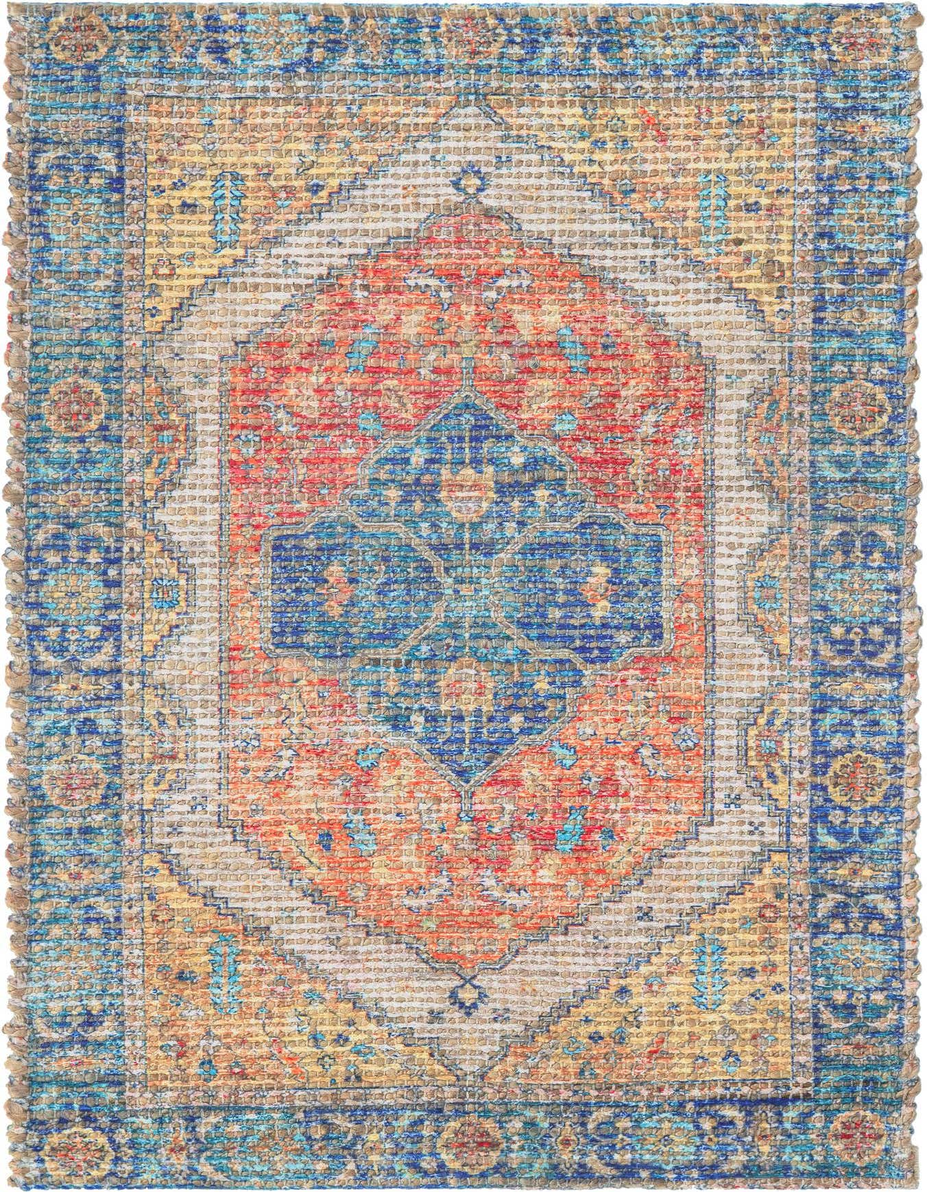 A 2x3 rectangular Rugs.com Chenille Jute rug featuring a vibrant orange and gold traditional medallion pattern with blue accents and a flat weave.
