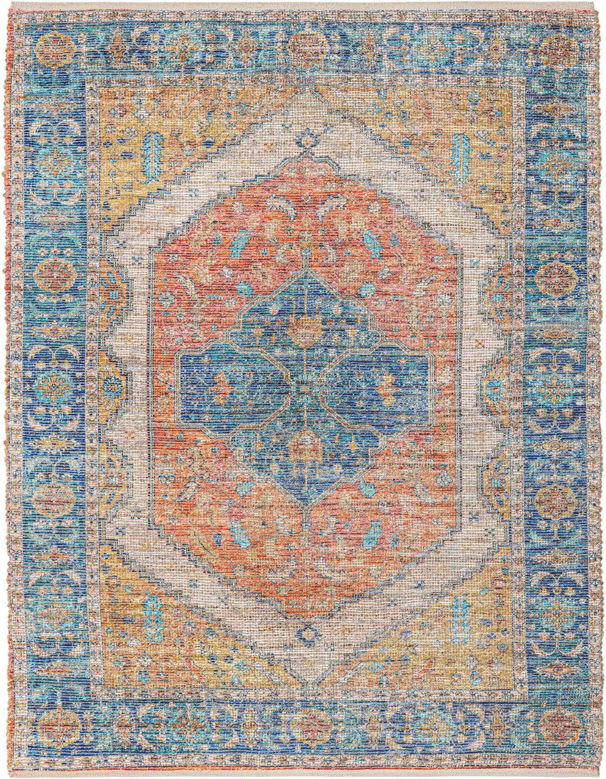 A 5x8 rectangular indoor rug with a distressed Oriental medallion pattern in oranges, yellows, and blues.