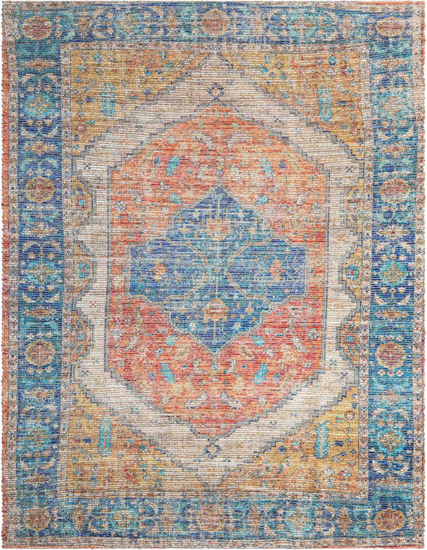 A 6x9 rectangular orange and gold Oriental rug with a central medallion and traditional border, suitable for a living room.