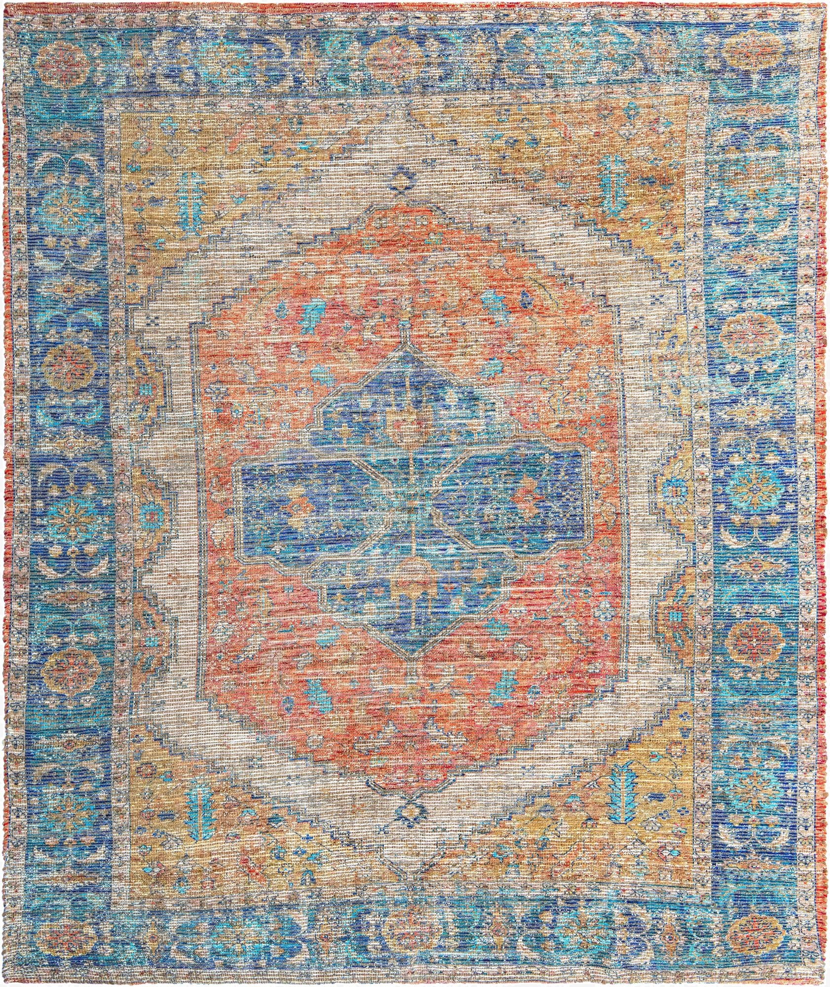 An 8x10 rectangular flatweave rug with a distressed oriental medallion pattern in vibrant oranges, yellows, and blues.