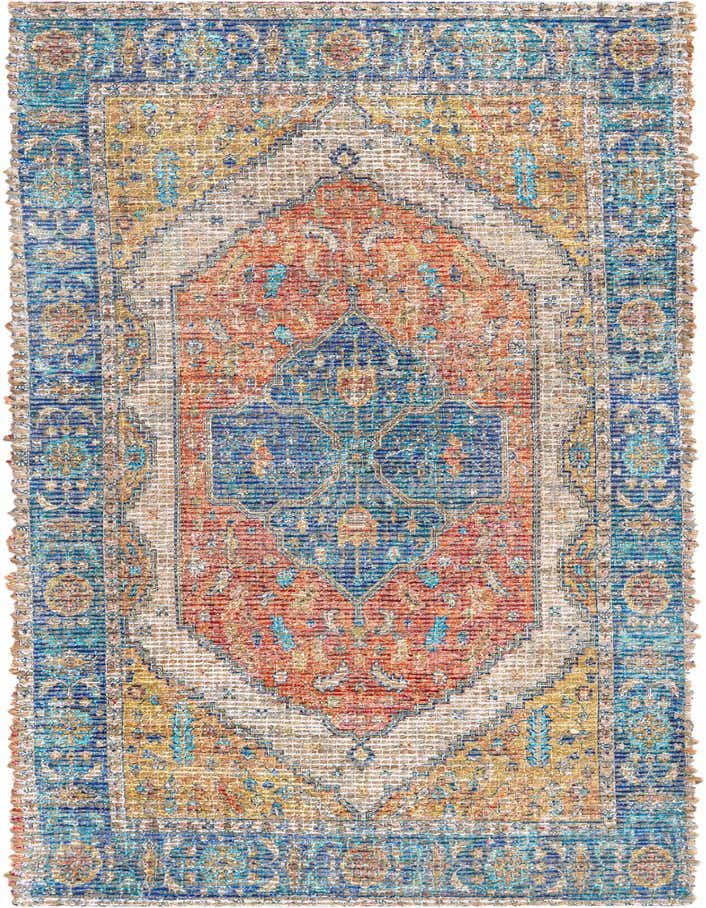 A 6 ft runner rug featuring an orange and gold oriental medallion pattern with blue borders, ideal for hallways.