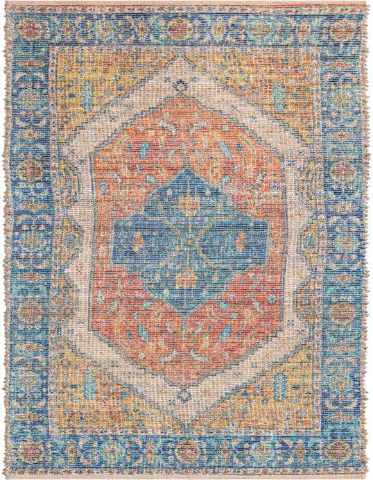 An 8 ft runner rug featuring a distressed Oriental medallion pattern in vibrant oranges, yellows, and blues on a natural jute background.