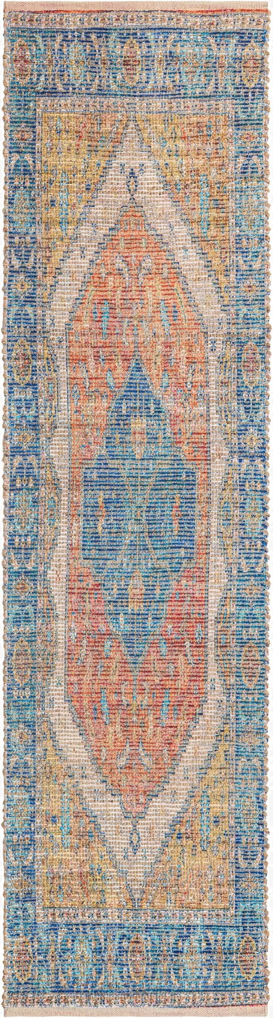 An 8 ft runner rug featuring a distressed Oriental medallion pattern in vibrant oranges, yellows, and blues on a natural jute background.