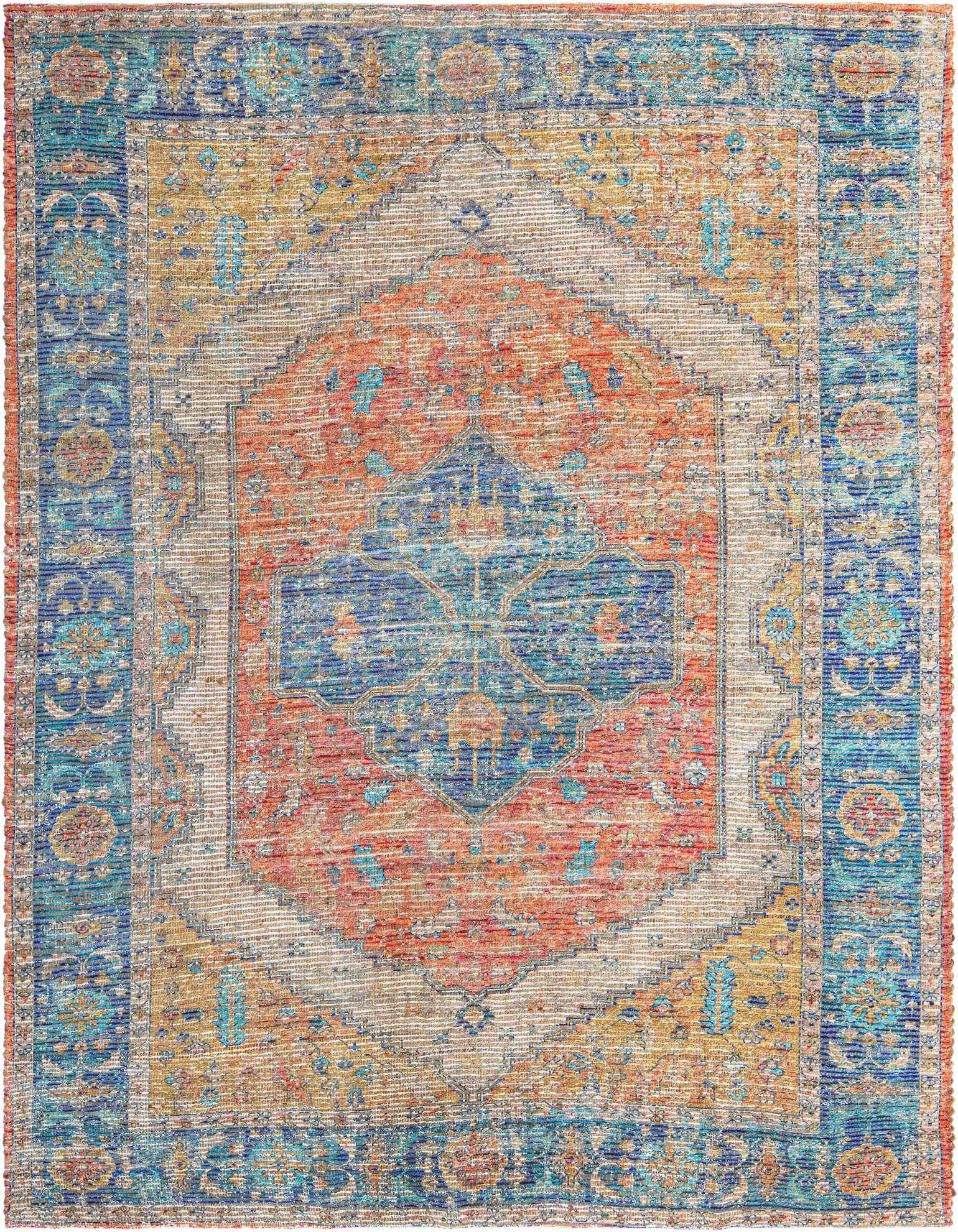 A square 7'10" x 7'10" Rugs.com Chenille Jute rug featuring a distressed orange, gold, and blue traditional medallion pattern with an ornate border.