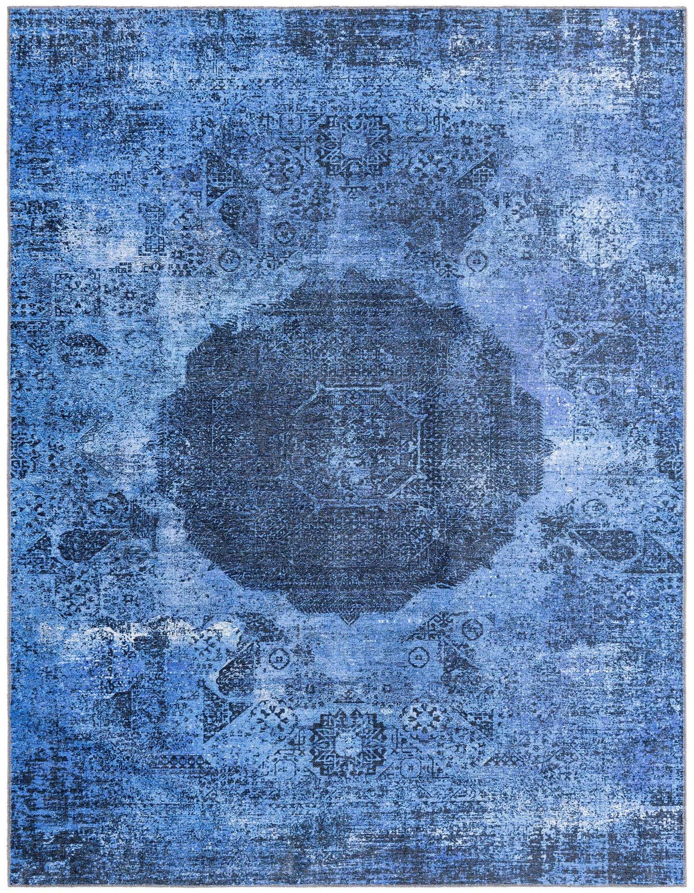 A 6x9 rectangular blue vintage medallion rug with a distressed traditional pattern, ideal for a living room.