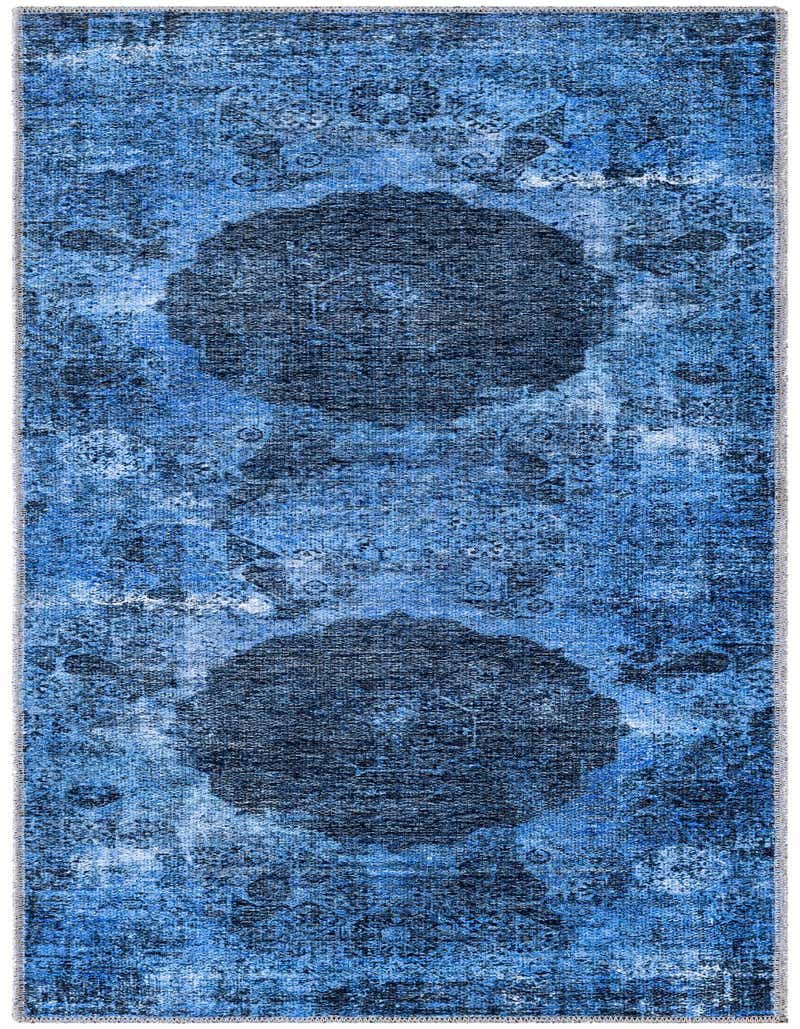 A 5 ft runner rug in shades of blue with a distressed traditional medallion pattern, ideal for a hallway.