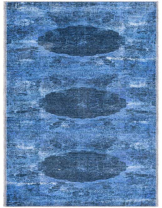 A long 8 ft runner rug in varying shades of blue, featuring a distressed traditional medallion pattern, ideal for a hallway or kitchen.