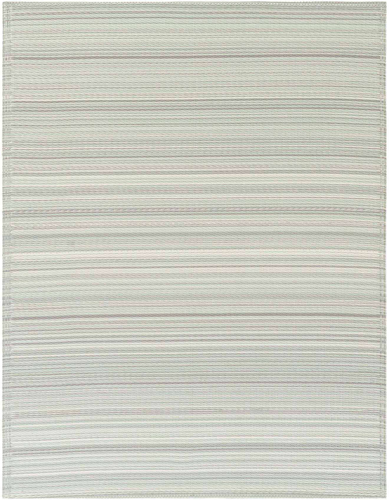 A 4x6 rectangular indoor/outdoor rug featuring subtle pastel gray and white horizontal stripes, ideal for a modern patio or living room.