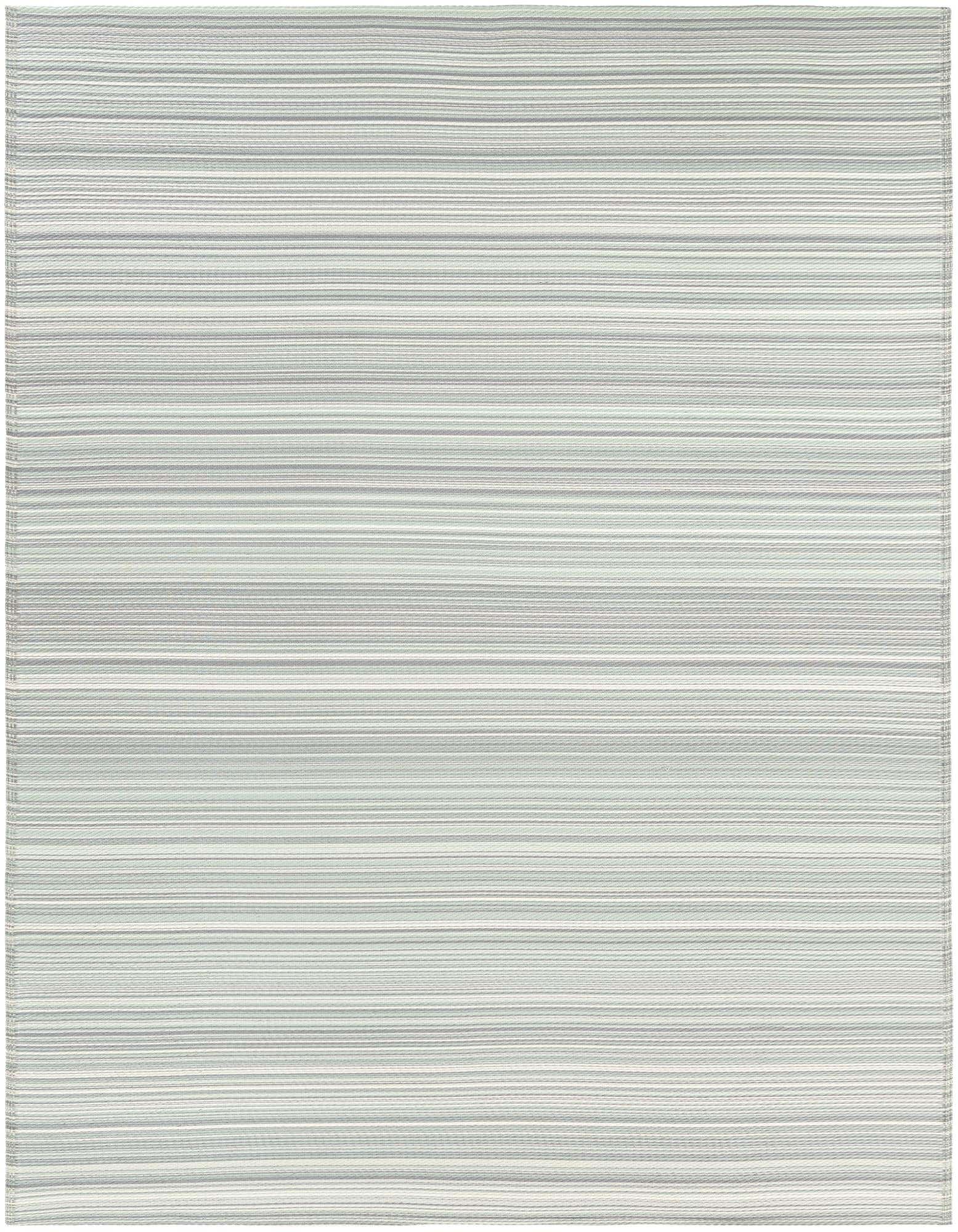 An 8x10 rectangular flatweave rug with thin horizontal stripes in varying shades of pastel gray, suitable for indoor or outdoor use.