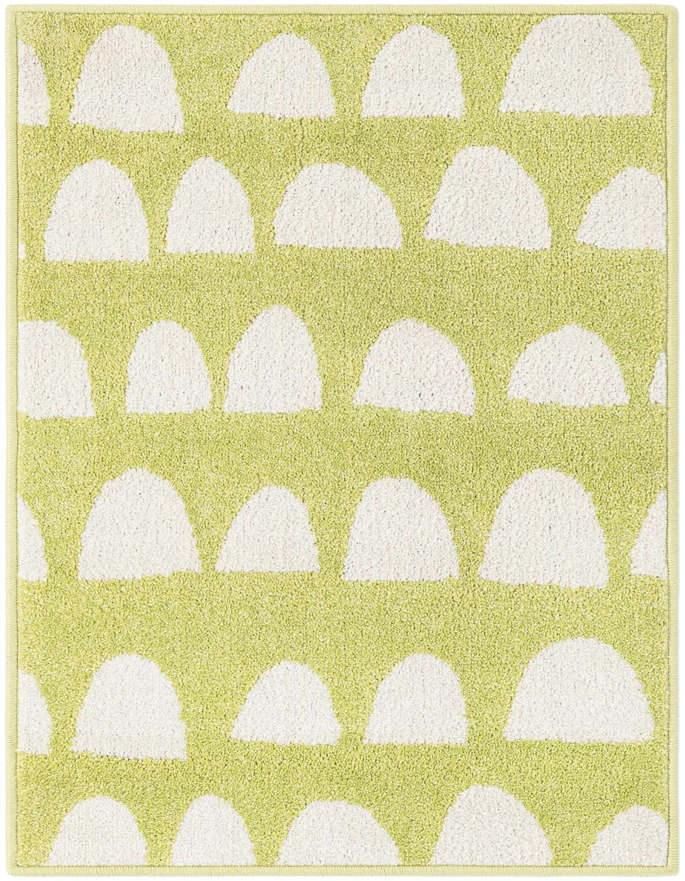 A 2x3 rectangular Rugs.com Whimsy Kids rug featuring a playful modern abstract pattern of white half-circles on a vibrant green background.