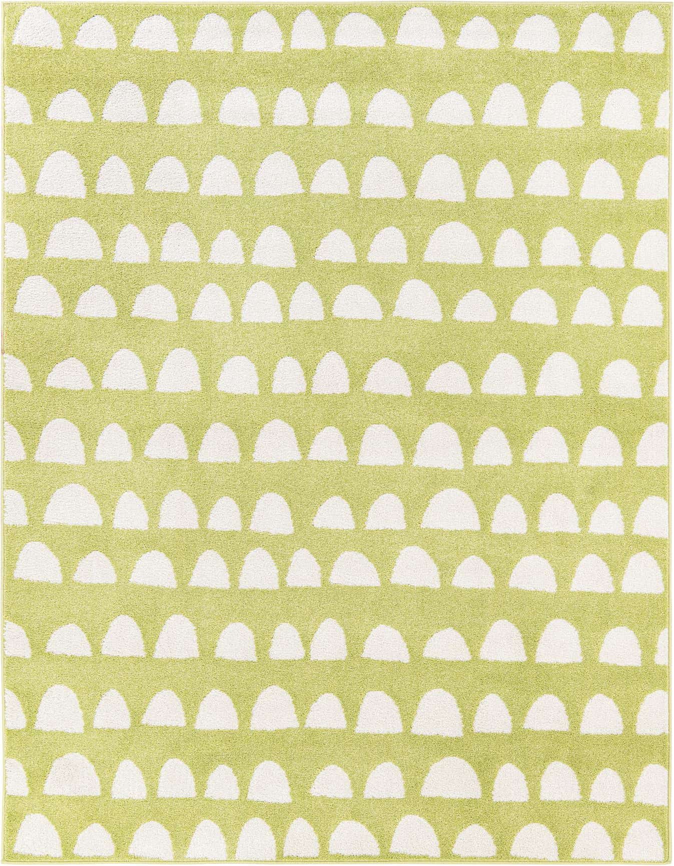 A 5x8 rectangular green rug with a modern abstract pattern of white half-circle shapes, ideal for a kid's room.