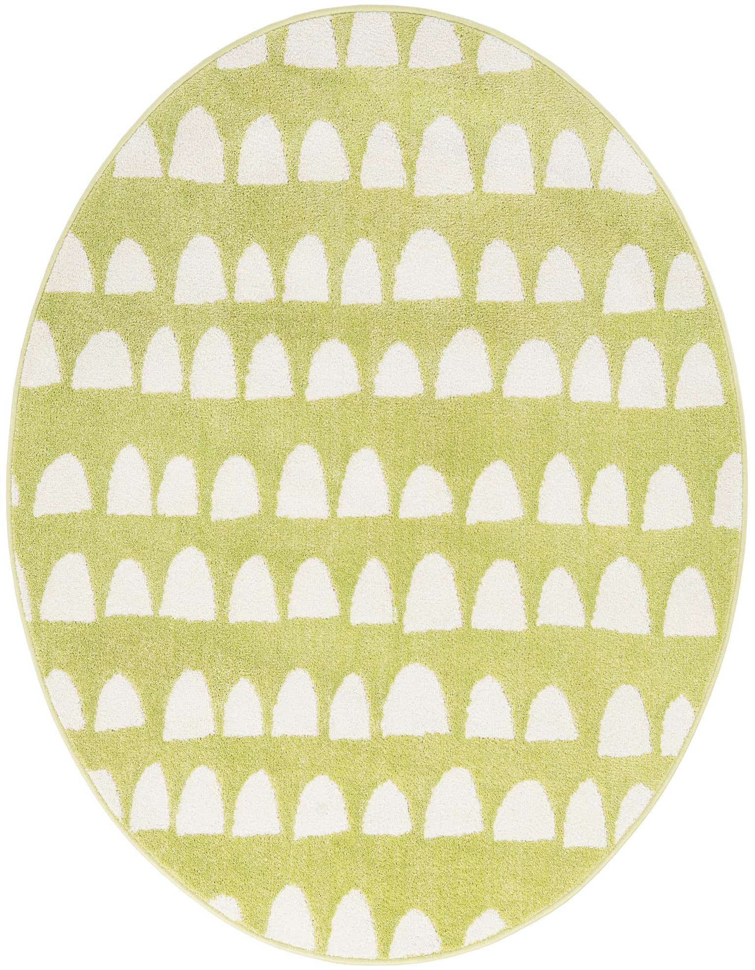 A 5' round green and white modern rug with an abstract half-circle pattern, perfect for a child's room.