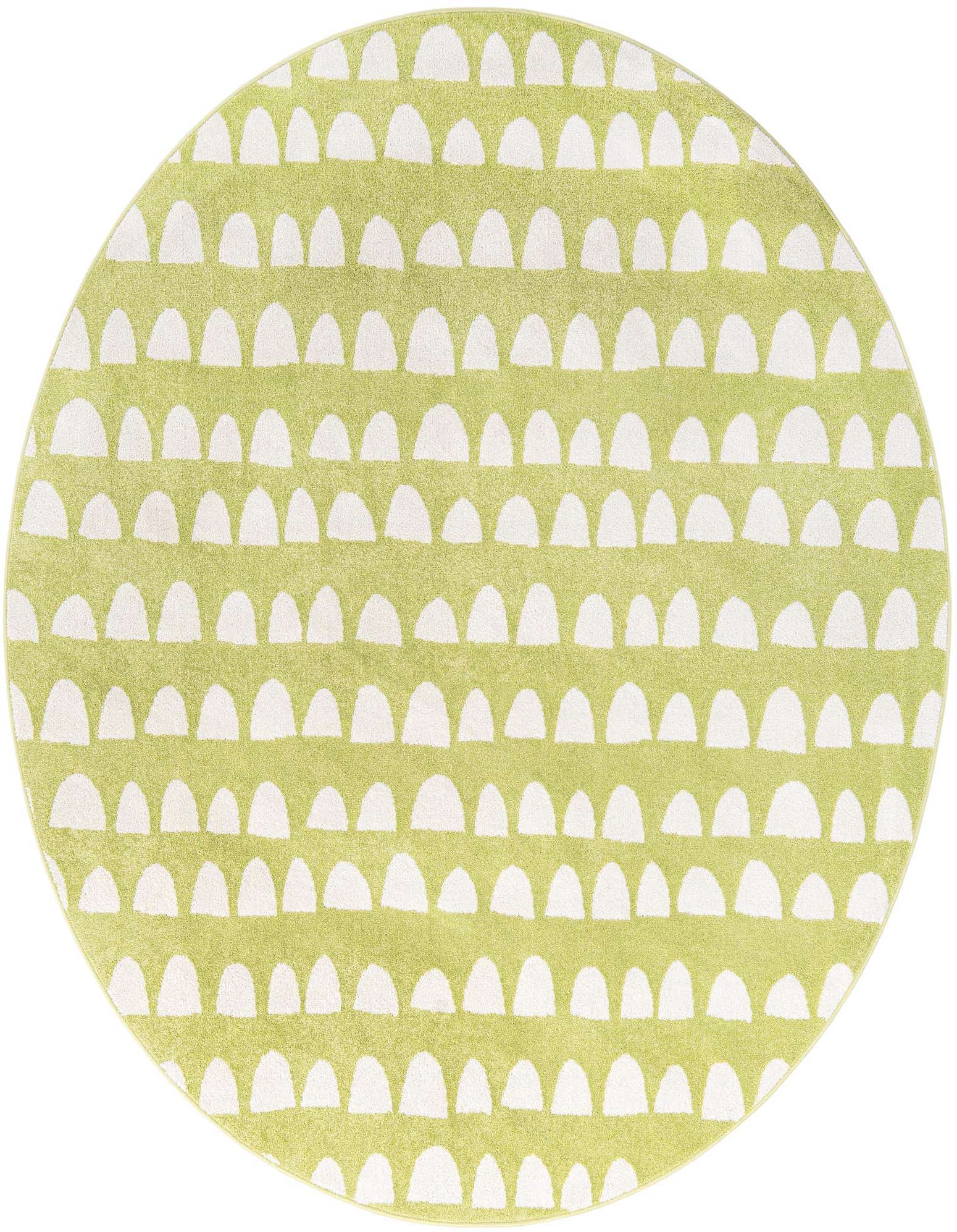 A 7' 10 round green rug with a modern abstract pattern of white half-moon shapes arranged in rows.