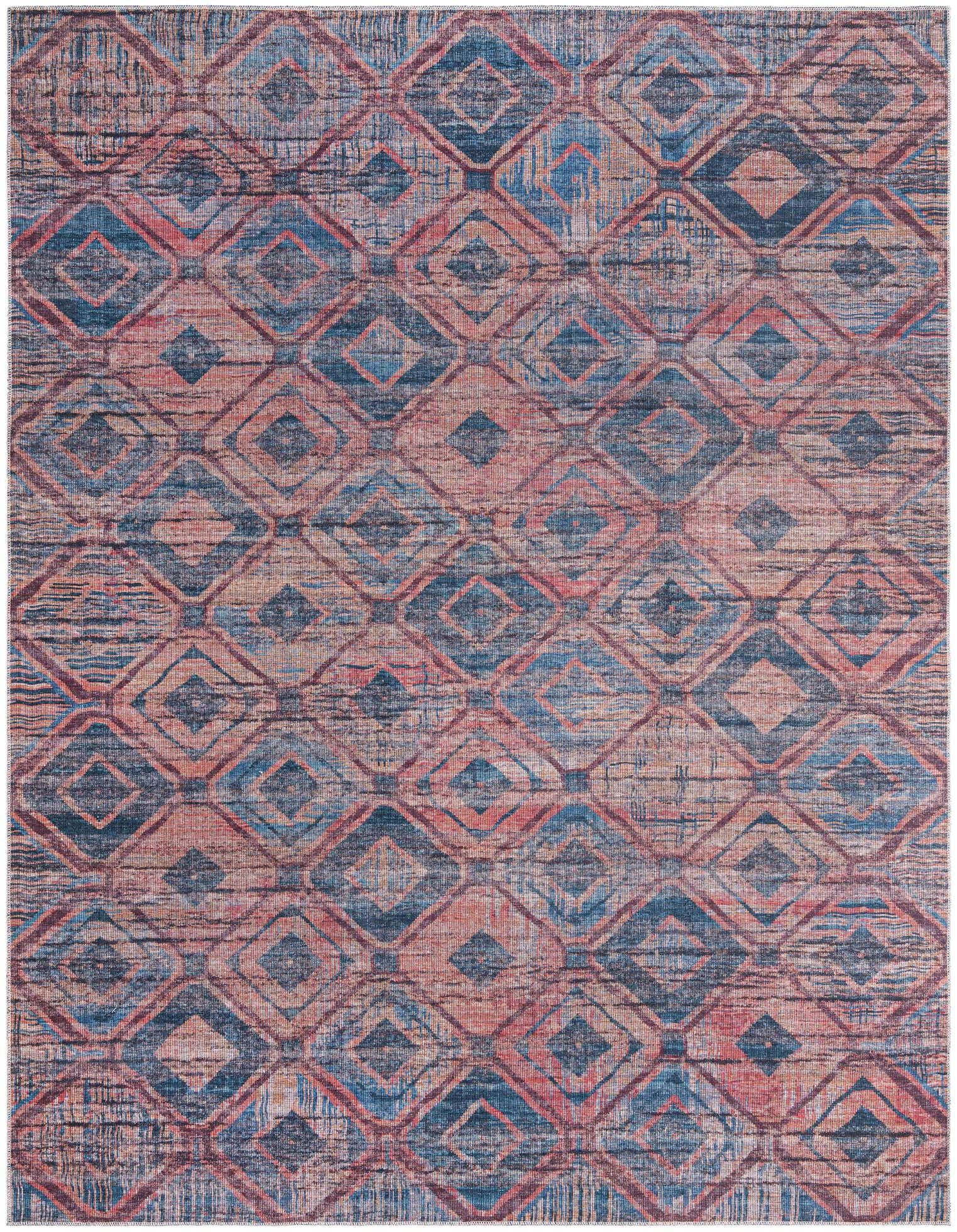 A 9x12 rectangular Sisu rug with a modern vintage pattern in distressed blues and oranges.