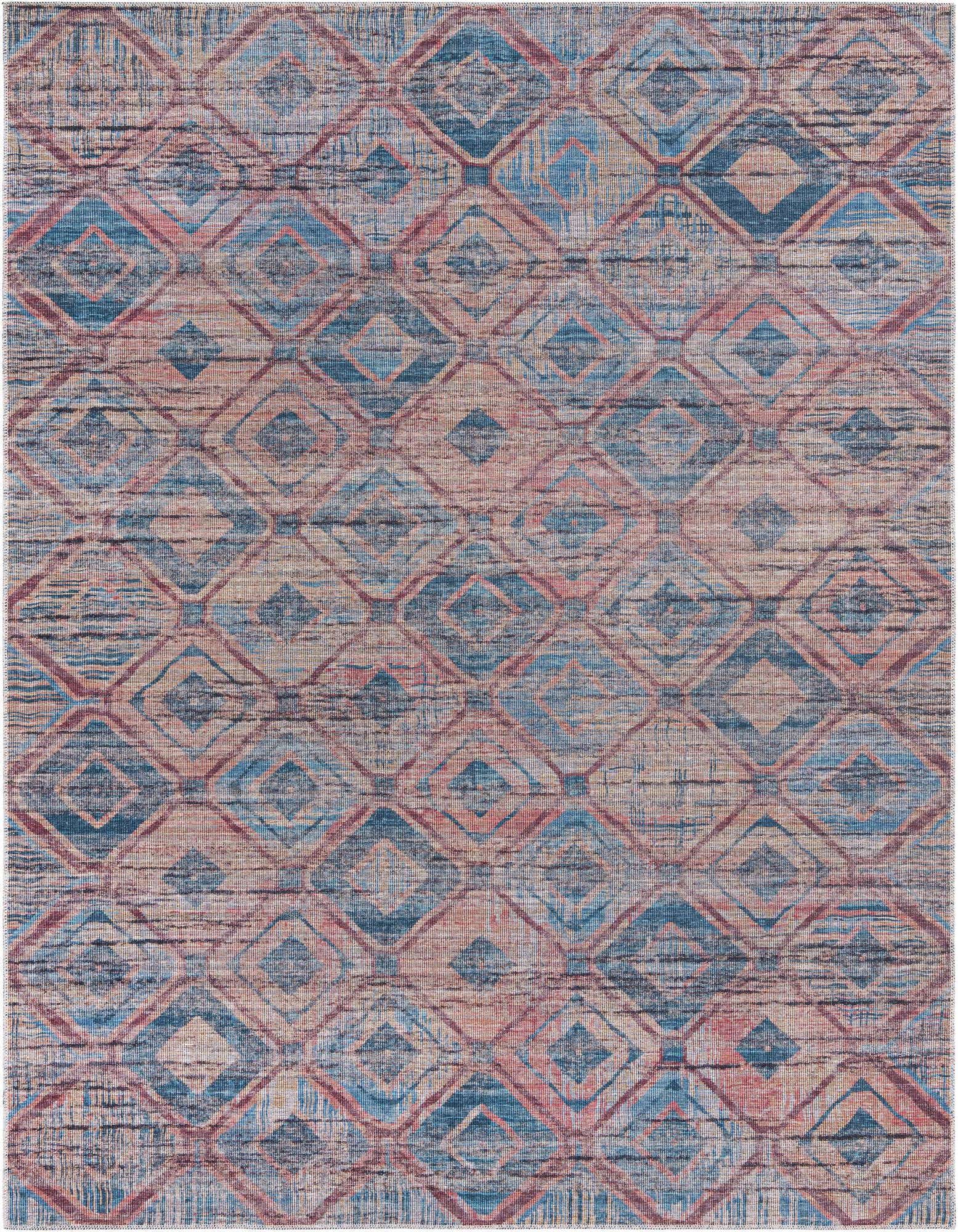 An 8x10 rectangular Sisu rug featuring a modern abstract diamond pattern in blues and oranges, ideal for a living room.