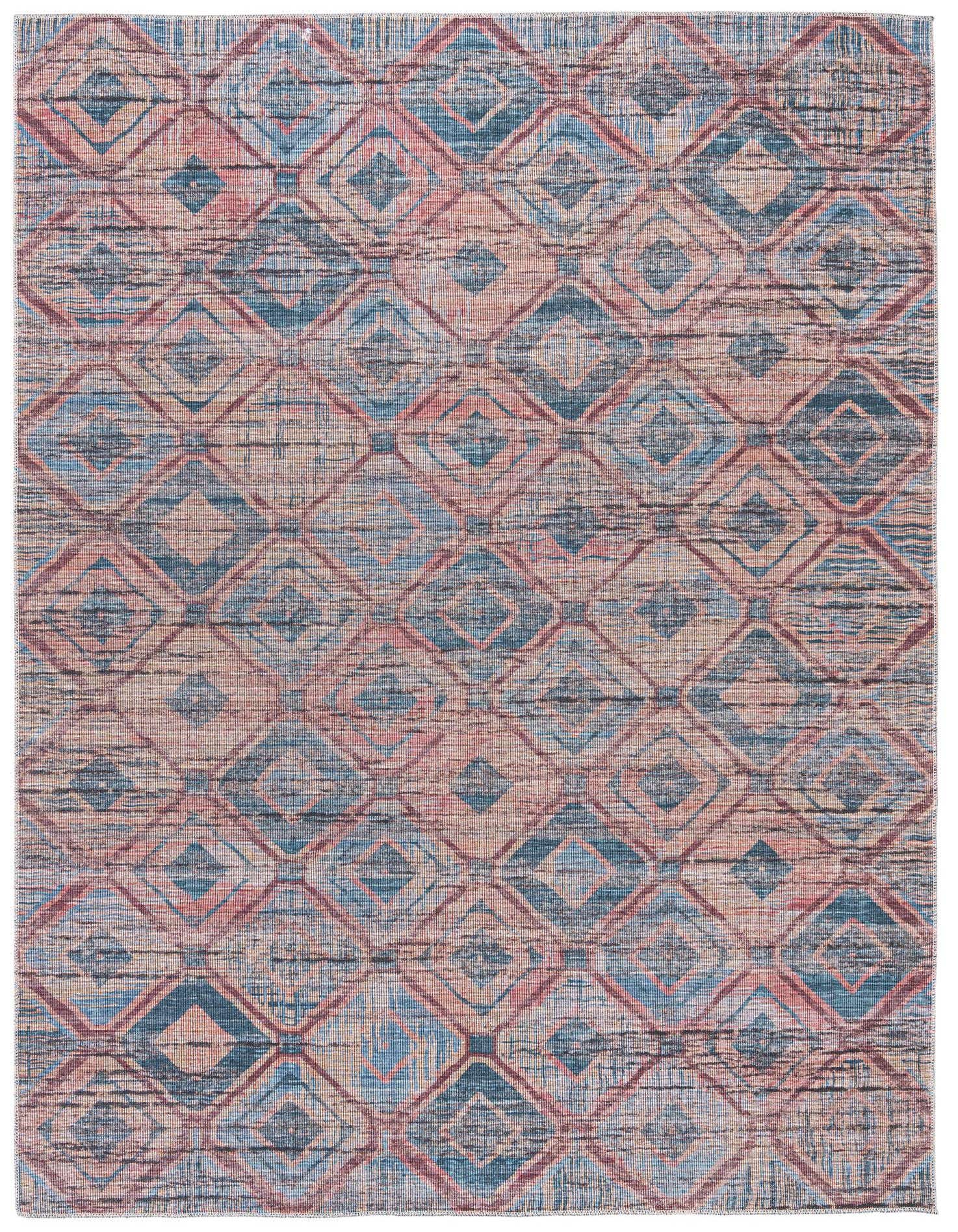 A 7x10 rectangular flatweave rug with a distressed modern geometric pattern in shades of blue and orange, suitable for a living room.