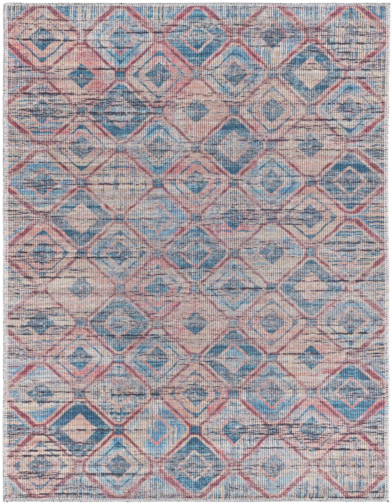 A 3x5 rectangular Sisu rug with a modern vintage pattern in various shades of blue and orange, featuring a flat, textured pile.