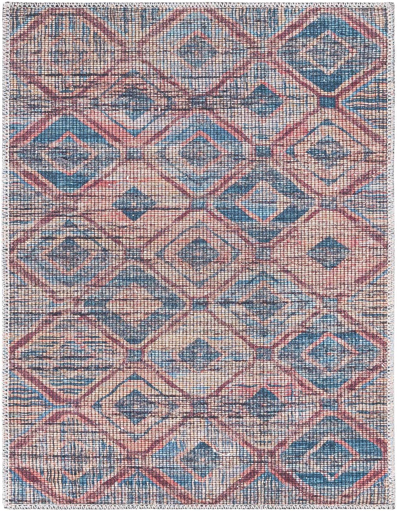 A 2x3 rectangular Rugs.com Sisu rug featuring a modern vintage pattern in blues and oranges, with a flat, textured pile.