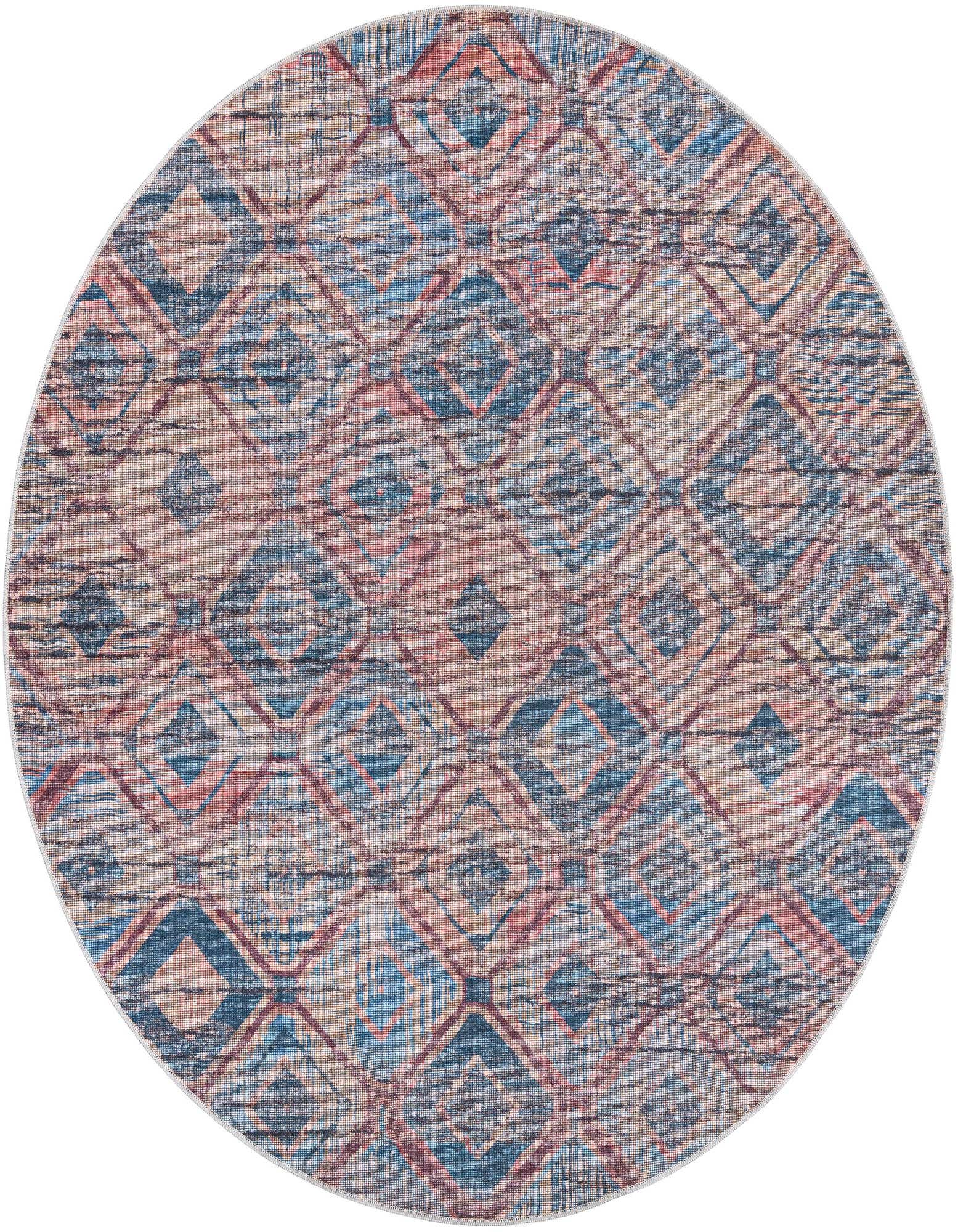 A round 7' 10" x 7' 10" Sisu rug with a distressed modern vintage pattern in blues and oranges.