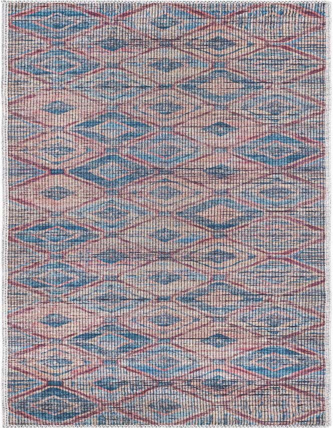 A 6 ft runner rug featuring a modern abstract pattern in shades of blue and orange, ideal for a hallway.