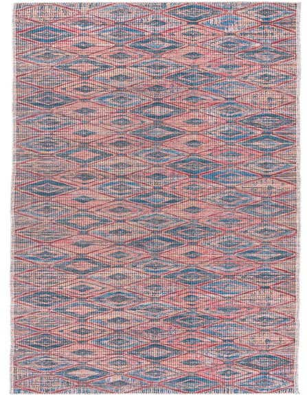 A 12 ft Sisu runner rug with a modern abstract pattern in blues and oranges, ideal for a hallway.