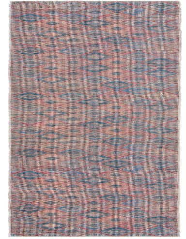A 14 ft runner rug with a modern vintage abstract pattern in shades of blue and orange, featuring a flat, textured pile.