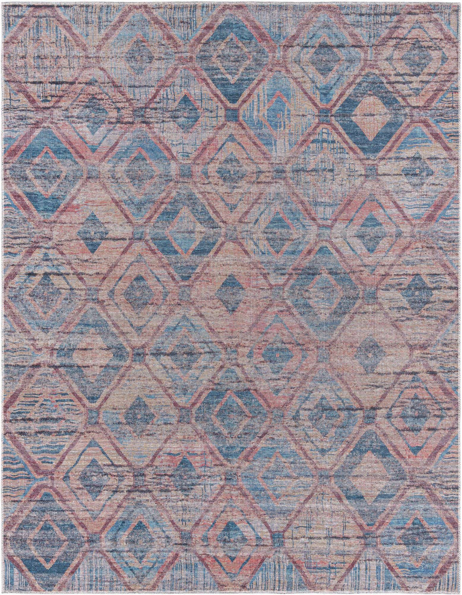 A square 7' 10 x 7' 10 Sisu rug with a distressed modern abstract pattern in shades of blue and orange.