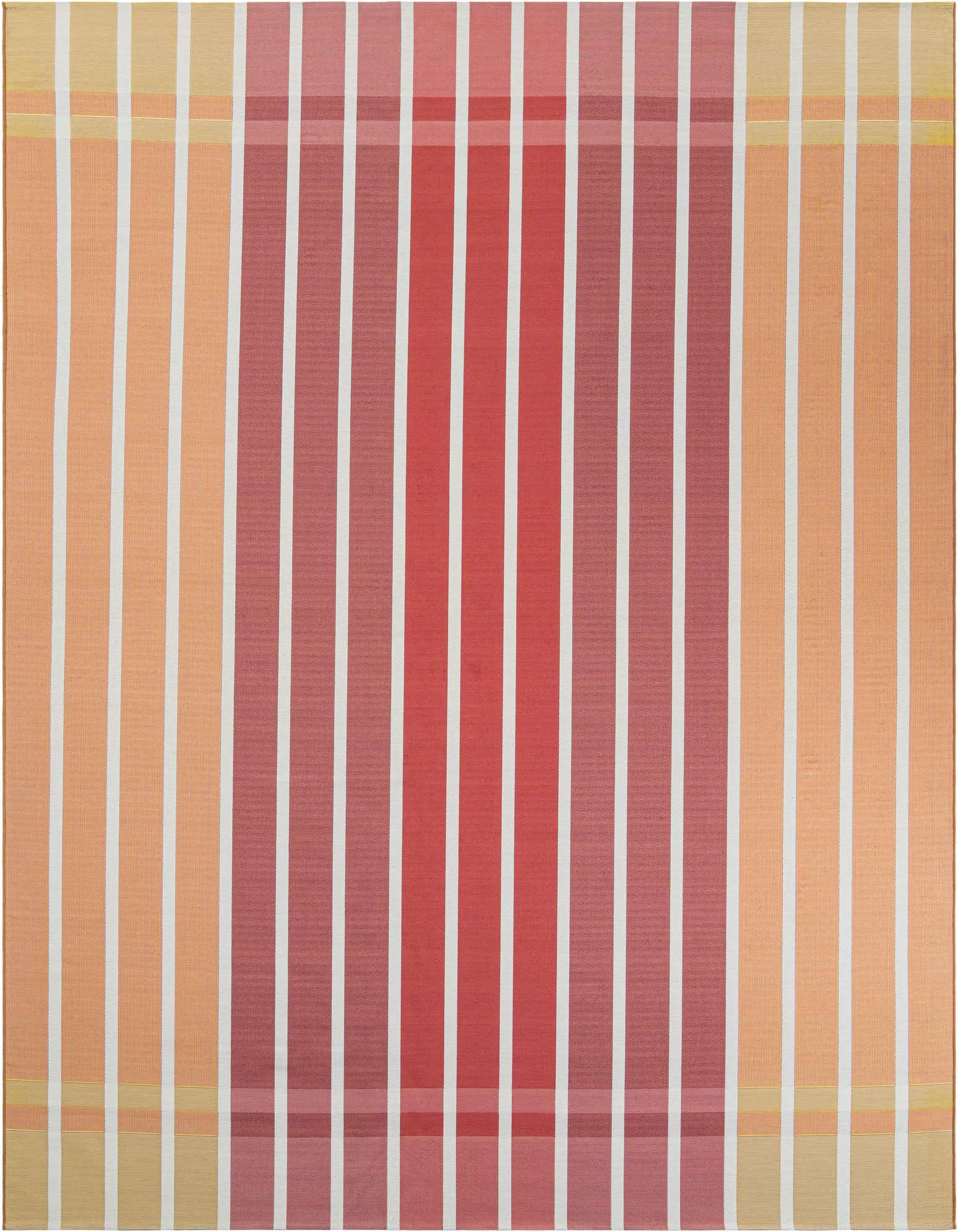 A 10x13 rectangular rug featuring modern vertical stripes in shades of orange, pink, and red, with thin white lines, suitable for indoor or outdoor use.