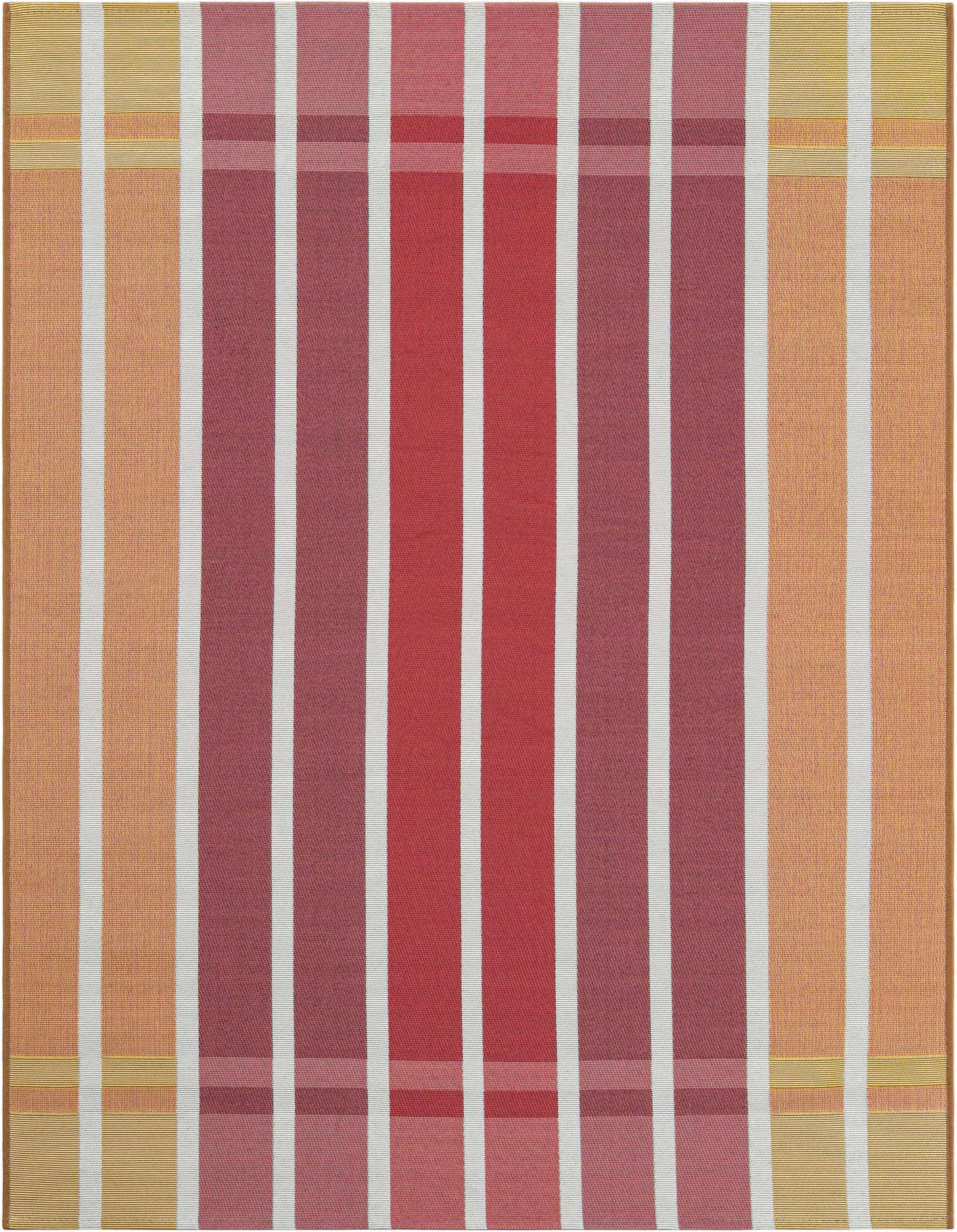 A 4x6 rectangular indoor/outdoor rug featuring bold vertical stripes in shades of orange, pink, and red, with thin white accent lines.